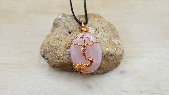 Copper Rose quartz tree of life pendant