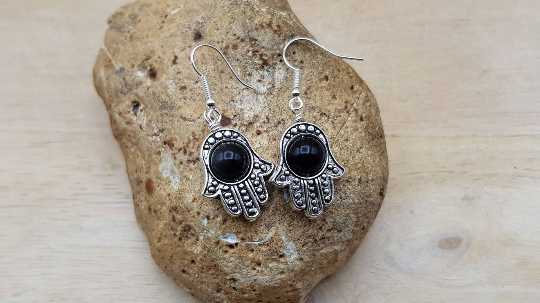 Hamsa rainbow Obsidian earrings.